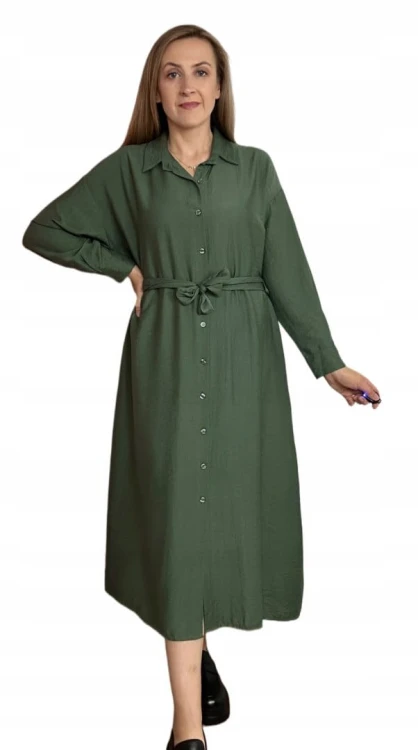 Długa sukienka szmizjerka koszulowa długi rękaw guziki luźna wiskoza M L XL