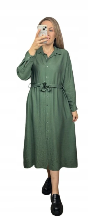 Długa sukienka szmizjerka koszulowa długi rękaw guziki luźna wiskoza M L XL