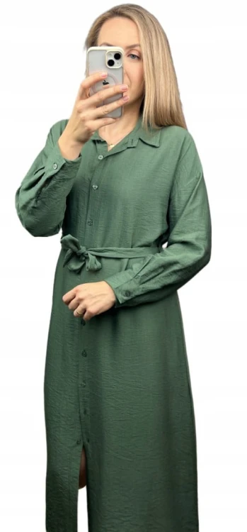 Długa sukienka szmizjerka koszulowa długi rękaw guziki luźna wiskoza M L XL