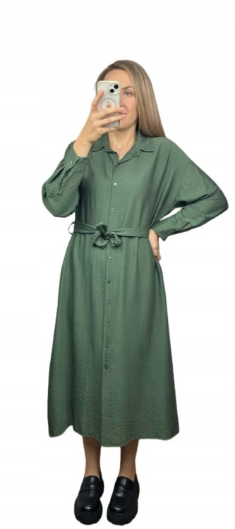 Długa sukienka szmizjerka koszulowa długi rękaw guziki luźna wiskoza M L XL