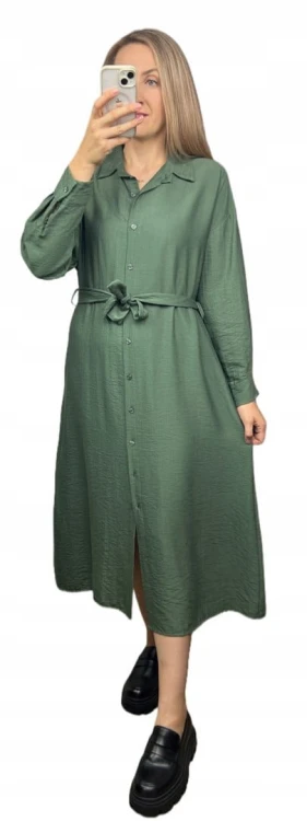 Długa sukienka szmizjerka koszulowa długi rękaw guziki luźna wiskoza M L XL
