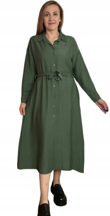 Długa sukienka szmizjerka koszulowa długi rękaw guziki luźna wiskoza M L XL