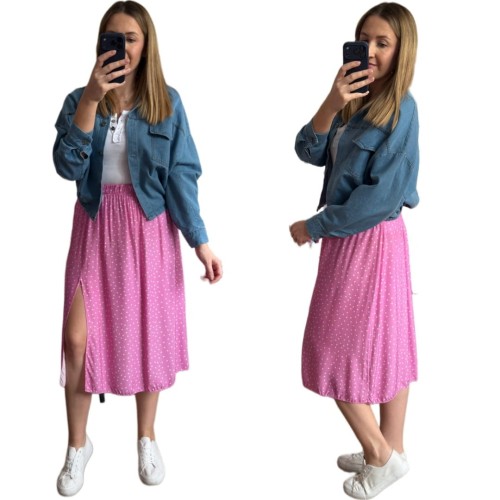 Dłuższa midi spódnica z rozcięciem wiskoza wiskozowa hit kropki różowa