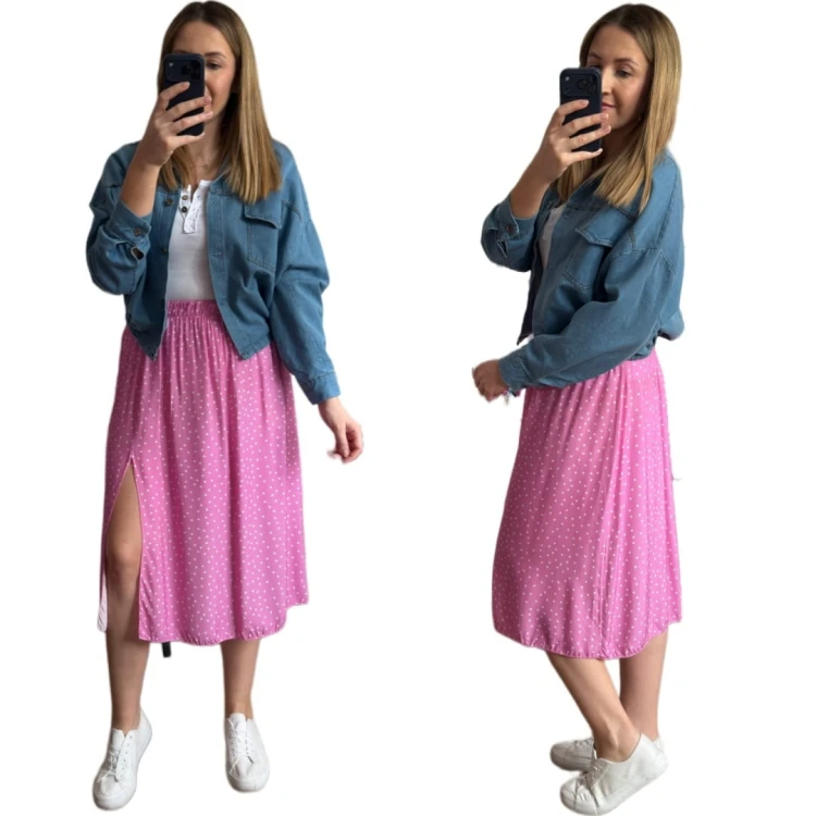 Dłuższa midi spódnica z rozcięciem wiskoza wiskozowa hit kropki różowa