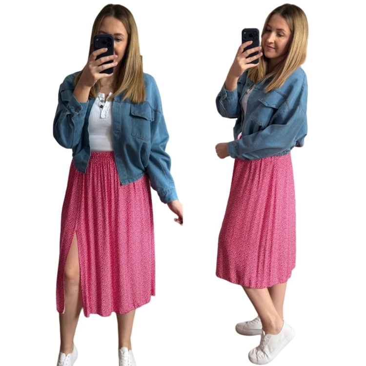 Dłuższa midi spódnica z rozcięciem wiskoza wiskozowa hit kropki różowa