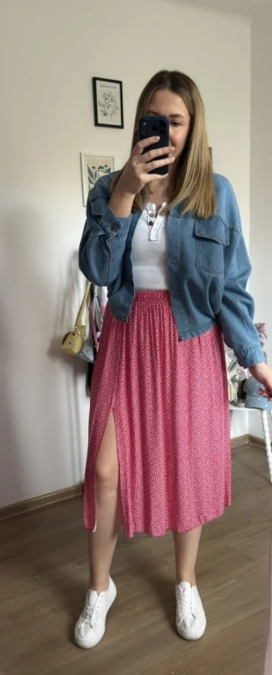 Dłuższa midi spódnica z rozcięciem wiskoza wiskozowa hit kropki różowa