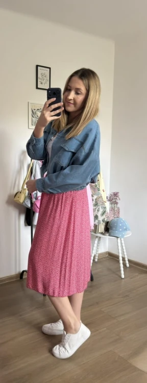 Dłuższa midi spódnica z rozcięciem wiskoza wiskozowa hit kropki różowa