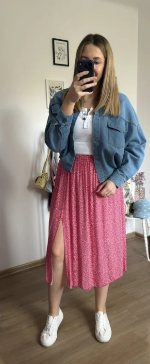 Dłuższa midi spódnica z rozcięciem wiskoza wiskozowa hit kropki różowa