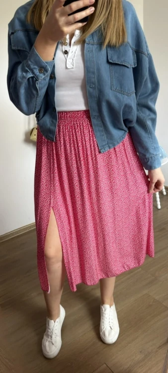 Dłuższa midi spódnica z rozcięciem wiskoza wiskozowa hit kropki różowa