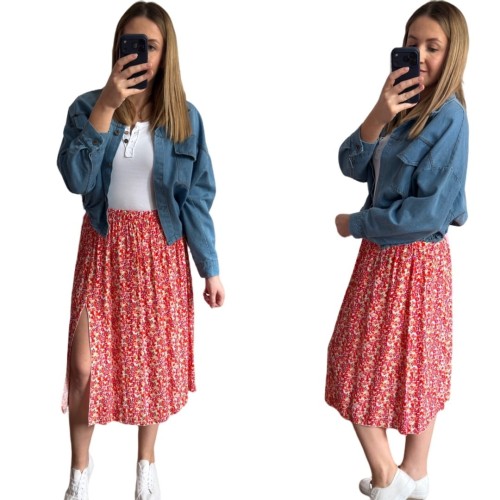 Dłuższa midi spódnica z rozcięciem wiskoza wiskozowa hit kwiaty