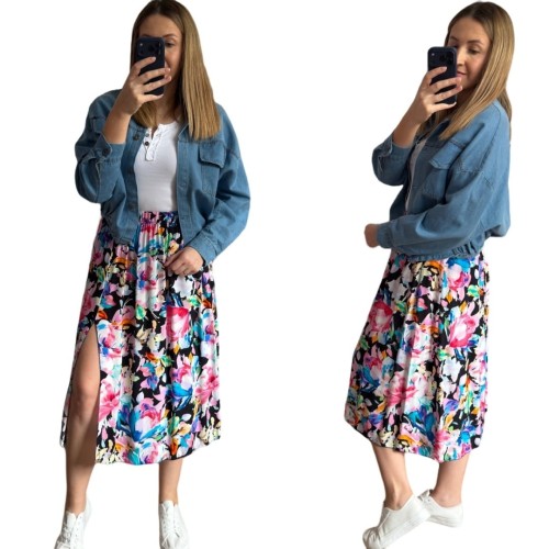 Dłuższa midi spódnica z rozcięciem wiskoza wiskozowa hit kwiaty