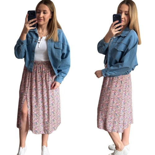 Dłuższa midi spódnica z rozcięciem wiskoza wiskozowa hit kwiaty łączka