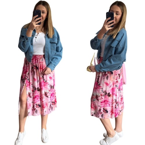 Dłuższa midi spódnica z rozcięciem wiskoza wiskozowa hit kwiaty różowa róż