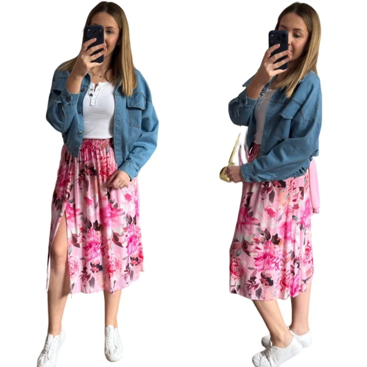 Dłuższa midi spódnica z rozcięciem wiskoza wiskozowa hit kwiaty różowa róż