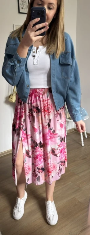 Dłuższa midi spódnica z rozcięciem wiskoza wiskozowa hit kwiaty różowa róż