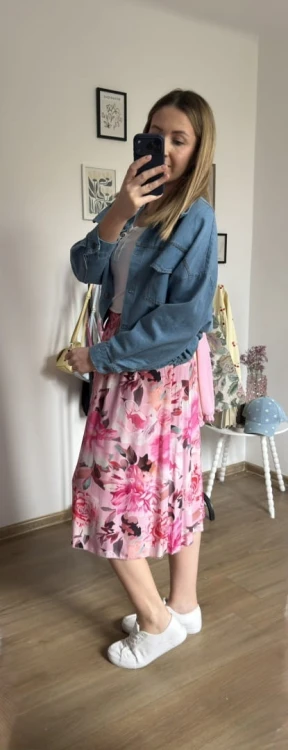 Dłuższa midi spódnica z rozcięciem wiskoza wiskozowa hit kwiaty różowa róż