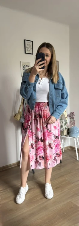 Dłuższa midi spódnica z rozcięciem wiskoza wiskozowa hit kwiaty różowa róż