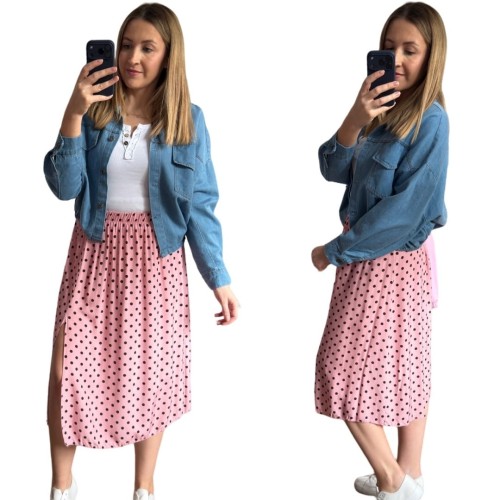 Dłuższa midi spódnica z rozcięciem wiskoza wiskozowa kropki różowa