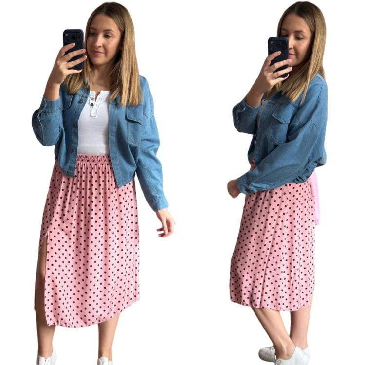 Dłuższa midi spódnica z rozcięciem wiskoza wiskozowa kropki różowa