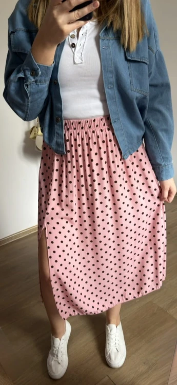 Dłuższa midi spódnica z rozcięciem wiskoza wiskozowa kropki różowa