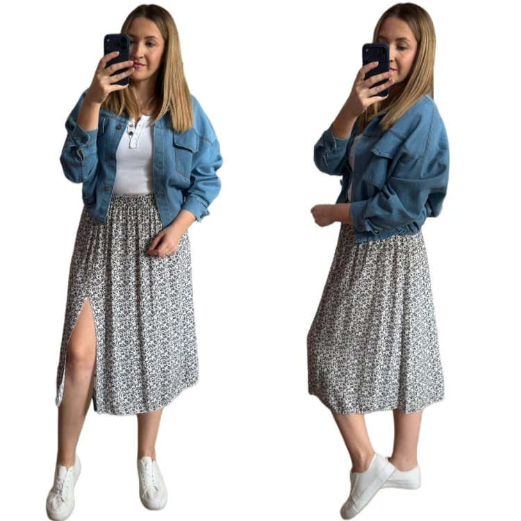 Dłuższa midi spódnica z rozcięciem wiskoza wiskozowa kwiaty czarna biała