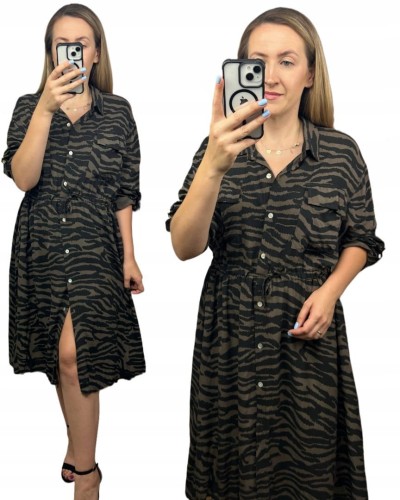 Dłuższa midi sukienka szmizjerka luźna wiskozowa brązowa czarna zebra- WILD TOUCH