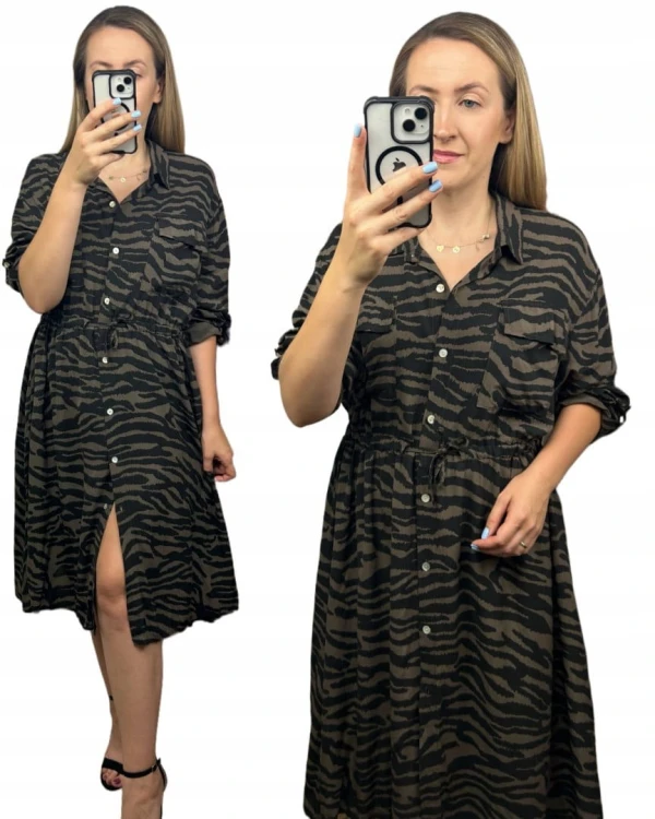 Dłuższa midi sukienka szmizjerka luźna wiskozowa brązowa czarna zebra- WILD TOUCH