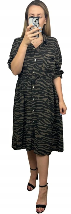 Dłuższa midi sukienka szmizjerka luźna wiskozowa brązowa czarna zebra- WILD TOUCH