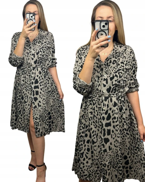 Dłuższa midi sukienka szmizjerka luźna wiskozowa fango czarna panterka- WILD TOUCH