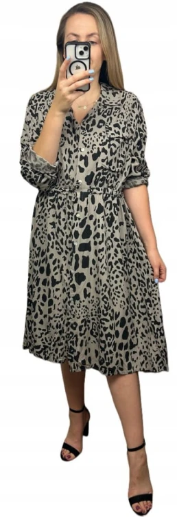 Dłuższa midi sukienka szmizjerka luźna wiskozowa fango czarna panterka- WILD TOUCH