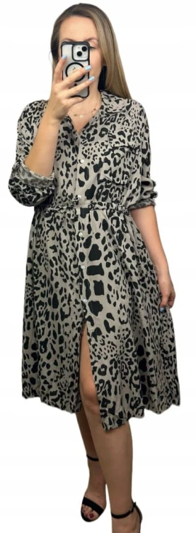 Dłuższa midi sukienka szmizjerka luźna wiskozowa fango czarna panterka- WILD TOUCH