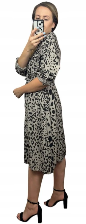 Dłuższa midi sukienka szmizjerka luźna wiskozowa fango czarna panterka- WILD TOUCH