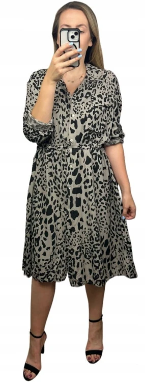 Dłuższa midi sukienka szmizjerka luźna wiskozowa fango czarna panterka- WILD TOUCH