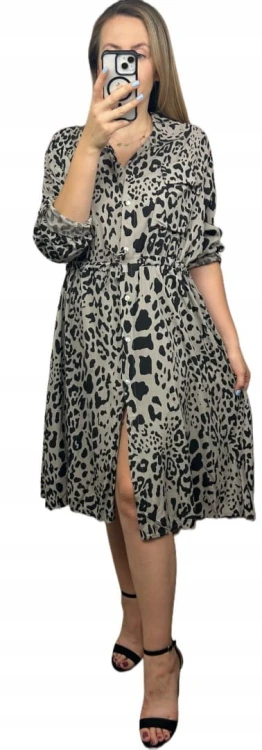 Dłuższa midi sukienka szmizjerka luźna wiskozowa fango czarna panterka- WILD TOUCH