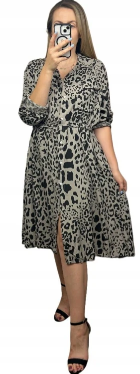 Dłuższa midi sukienka szmizjerka luźna wiskozowa fango czarna panterka- WILD TOUCH