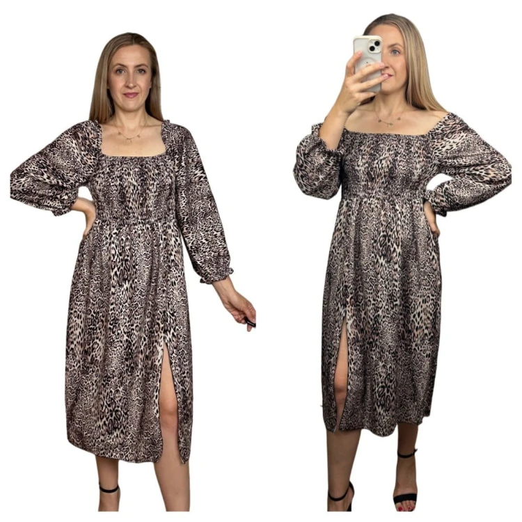 Dłuższa midi sukienka z rozcięciem hiszpanka długi rękaw jesień zima S M L