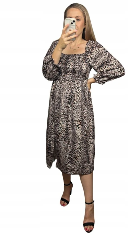 Dłuższa midi sukienka z rozcięciem hiszpanka długi rękaw jesień zima S M L