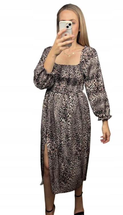 Dłuższa midi sukienka z rozcięciem hiszpanka długi rękaw jesień zima S M L