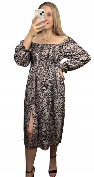 Dłuższa midi sukienka z rozcięciem hiszpanka długi rękaw jesień zima S M L