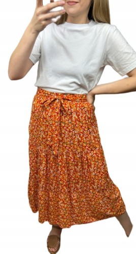 Dłuższa spódnica midi w kwiaty łączka falbanka wiskoza wiosna lato XL/XXL