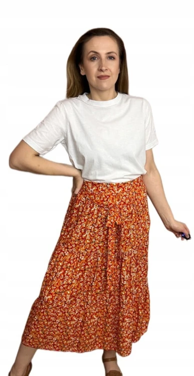 Dłuższa spódnica midi w kwiaty łączka falbanka wiskoza wiosna lato XL/XXL