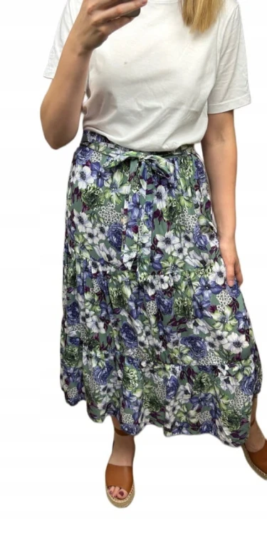 Dłuższa spódnica midi w kwiaty łączka falbanka wiskoza wiosna lato XL/XXL