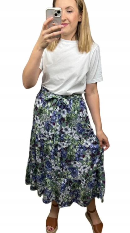 Dłuższa spódnica midi w kwiaty łączka falbanka wiskoza wiosna lato XL/XXL