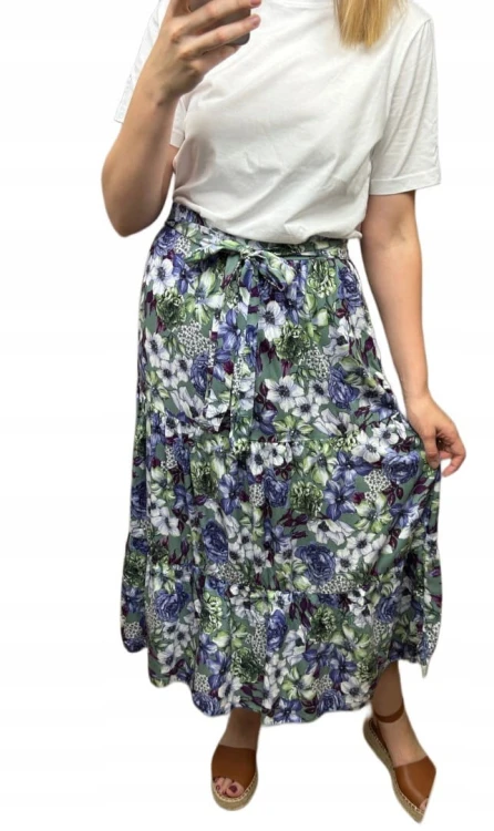 Dłuższa spódnica midi w kwiaty łączka falbanka wiskoza wiosna lato XL/XXL