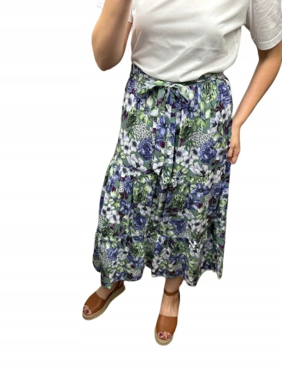 Dłuższa spódnica midi w kwiaty łączka falbanka wiskoza wiosna lato XL/XXL