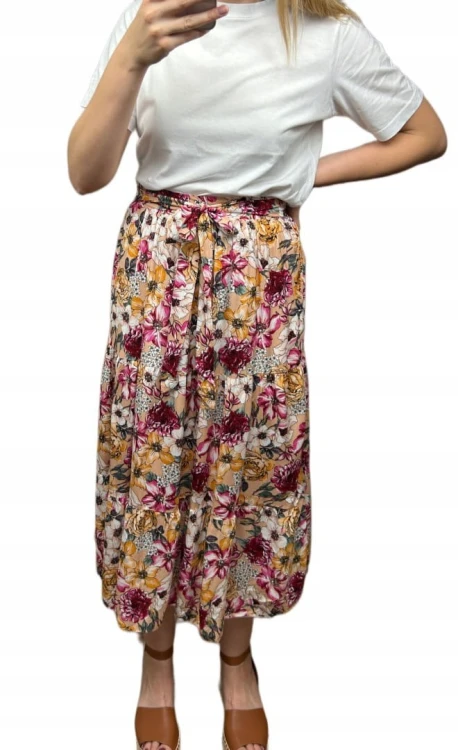 Dłuższa spódnica midi w kwiaty łączka falbanka wiskoza wiosna lato XL/XXL