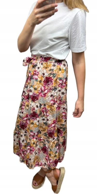 Dłuższa spódnica midi w kwiaty łączka falbanka wiskoza wiosna lato XL/XXL