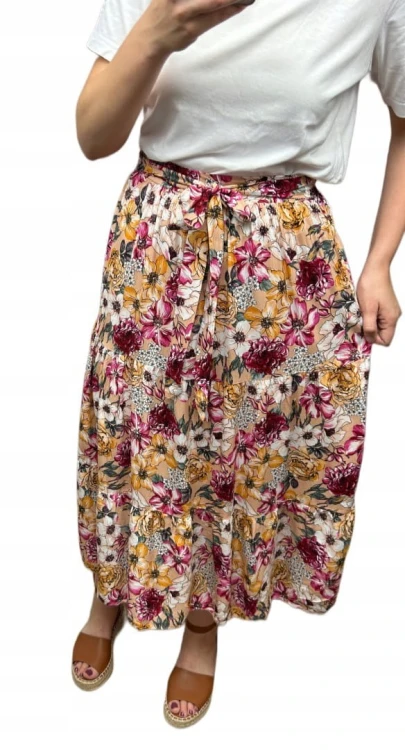 Dłuższa spódnica midi w kwiaty łączka falbanka wiskoza wiosna lato XL/XXL