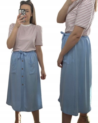 Dłuższa spódnica niebieska midi kieszenie wiskoza guziki wiosna lato