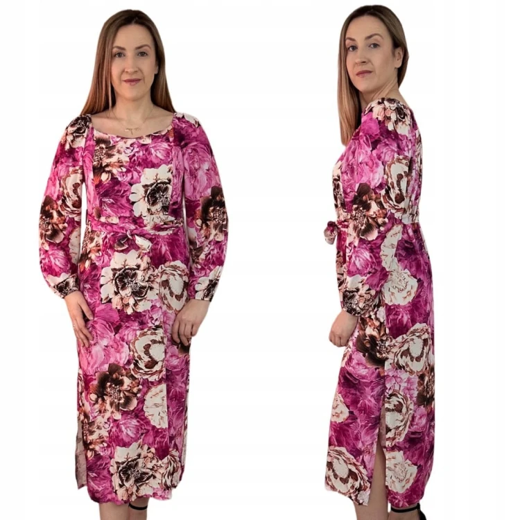 Dłuższa sukienka w kwiaty hiszpanka 100% wiskoza długie rękawy rozcięcia